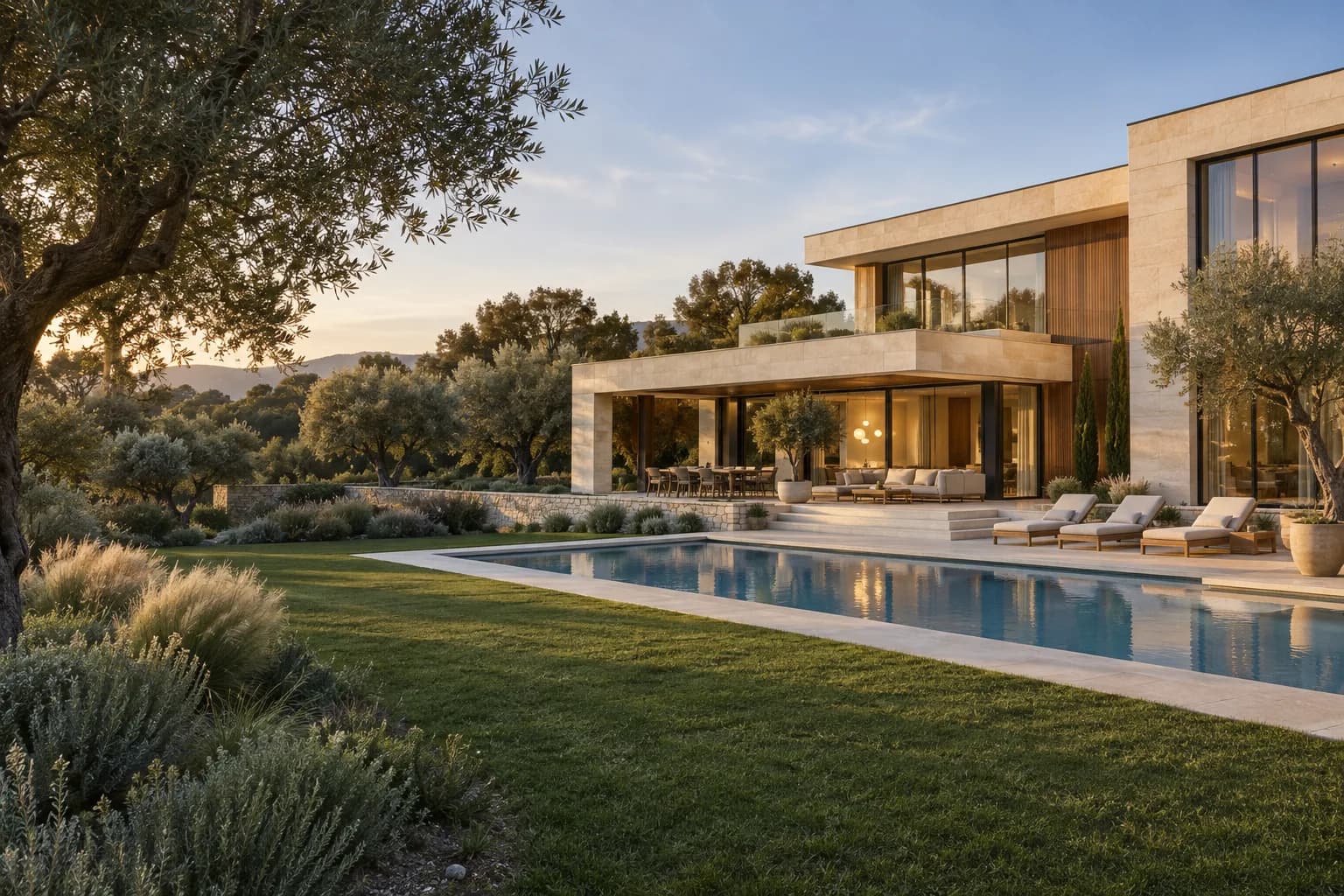 Modern limestone residence, landscaped gardens and a pool in warm evening light