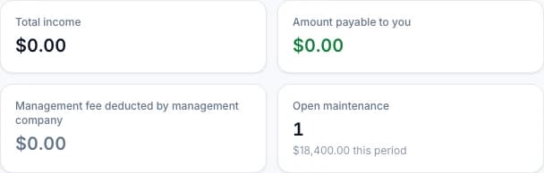 Owner portal income, distribution, management fee and maintenance summary with fictional demo data