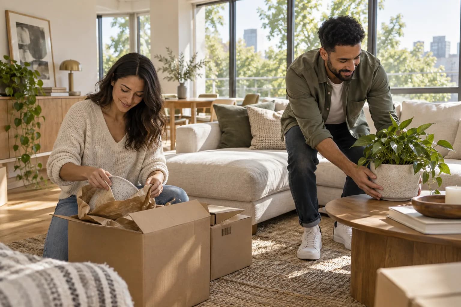 Residents unpacking and placing a plant in their sunlit new apartment