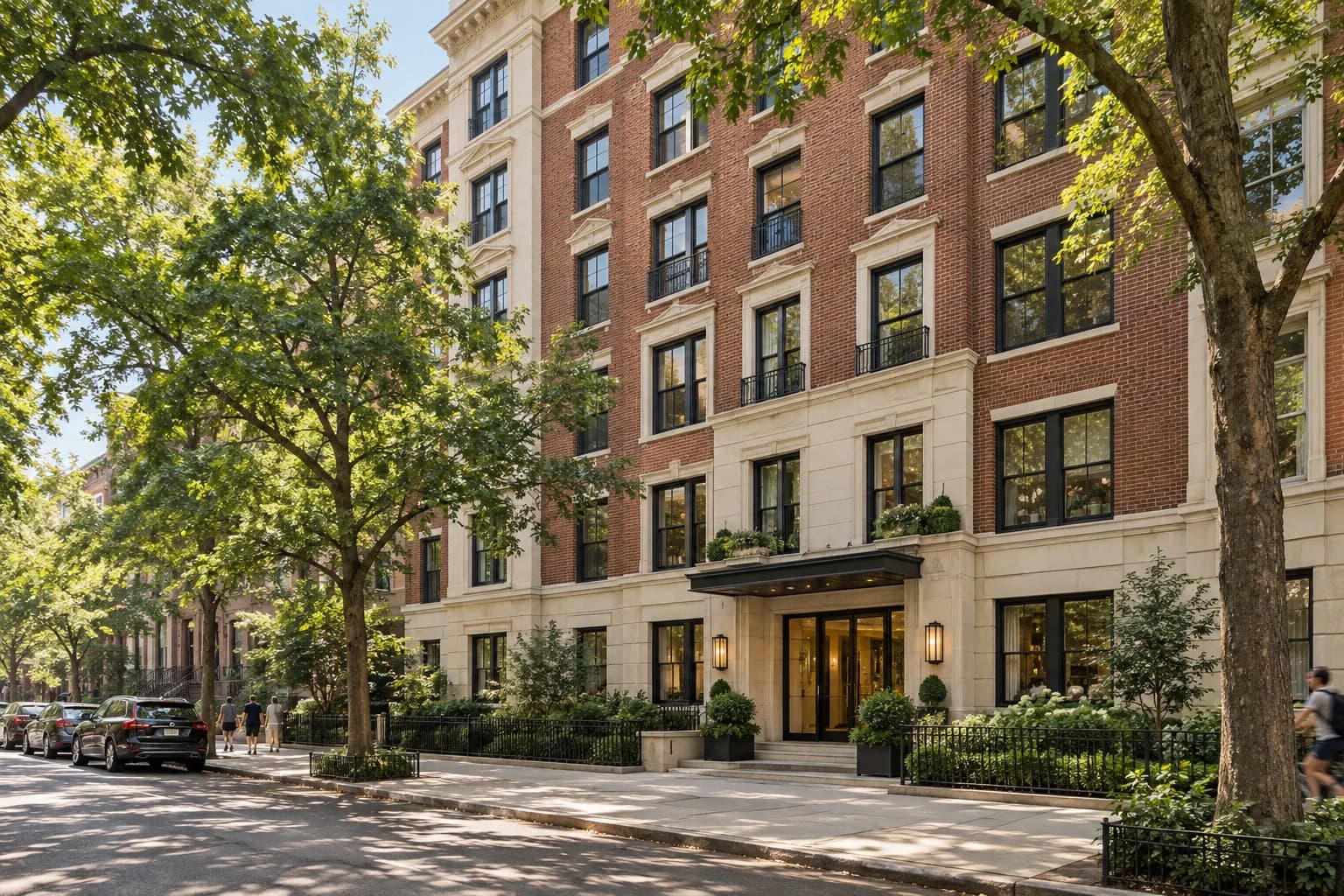 Sunlit brick apartment building on a leafy city street